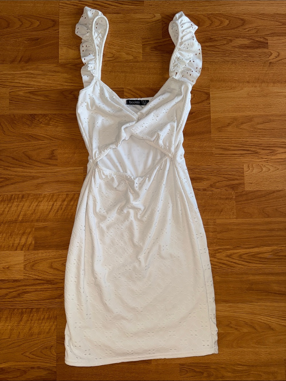 Boohoo White Eyelet Ruffle Strap Cutout Mini Dress
